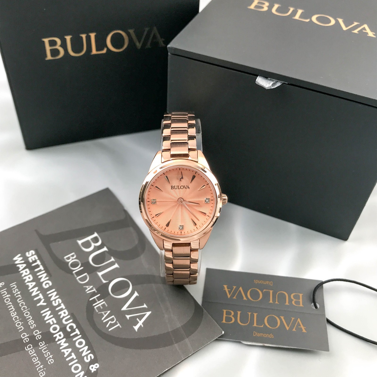 Bulova Classic 97P151 Sutton 11 Diamonds Red Gold Dial Women’s Quartz Watch 28mm
