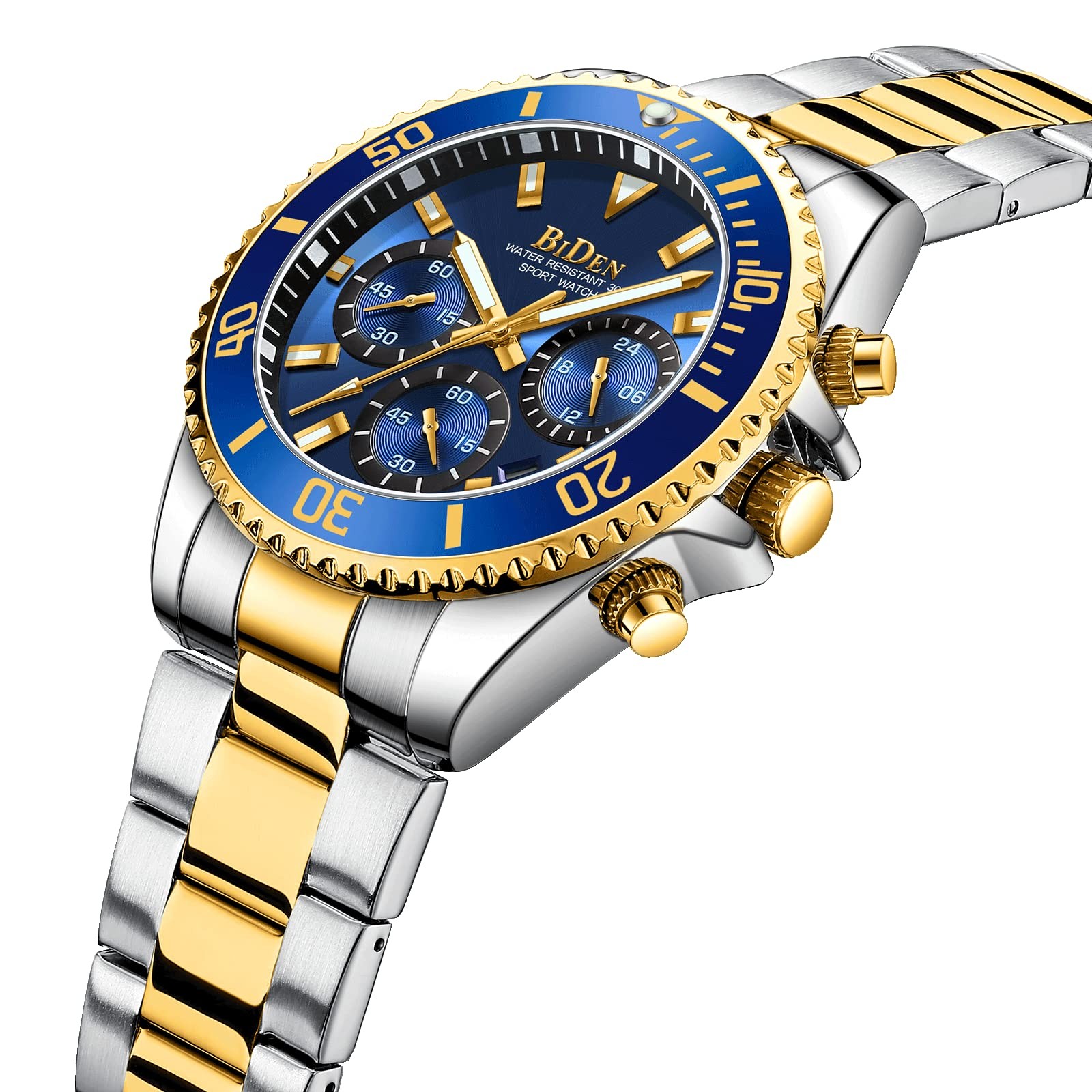 BIDEN Mens Watches Chronograph Gold Blue Stainless Steel Waterproof Date Anal…