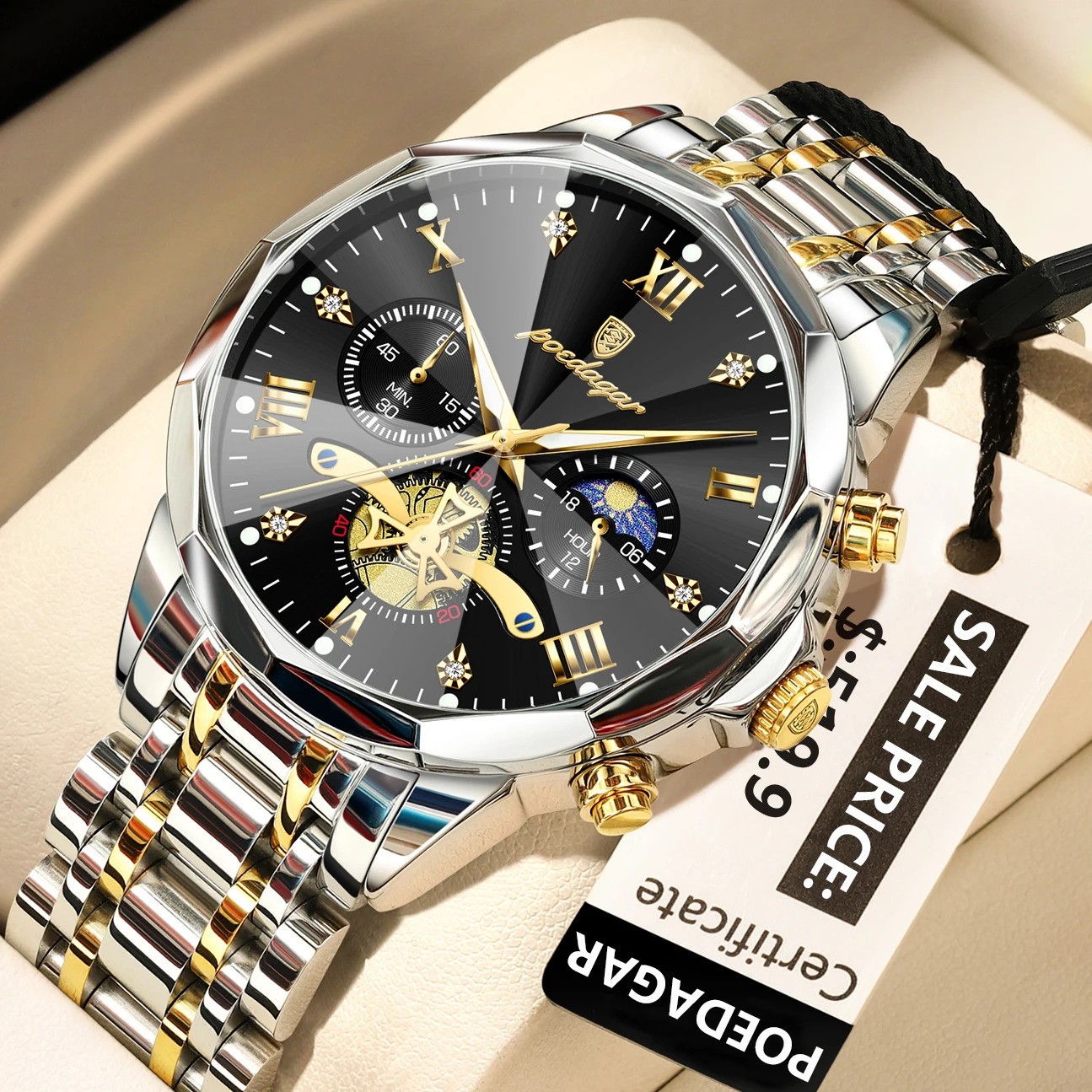 POEDAGAR Mens Quartz Watch Stainless Steel Waterproof Luminous Chronograph
