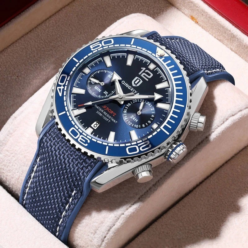 44MM QINGXIYA Quartz Diver Men’s Watch Nylon 30M Waterproof Date Luminous NEW