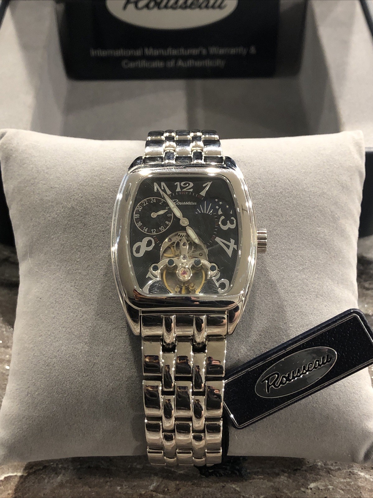 Rousseau Mens Automatic Stainless Tonneau WristWatch Japanese Movement New W Box