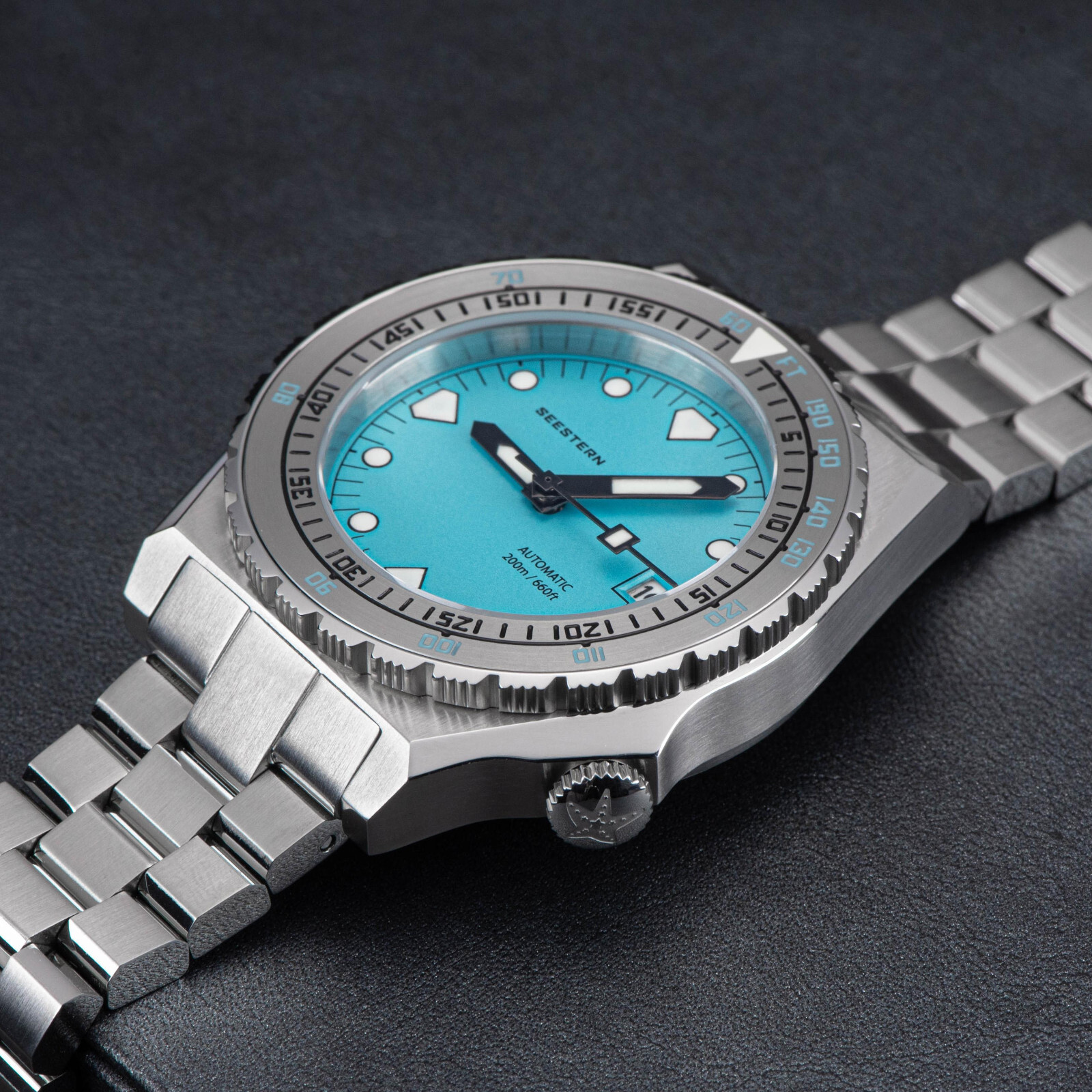 Seestern V3 S407-600T.T LUME DATE Bezel 200m DIVER’S Mens Sport Watch TEAL BLUE
