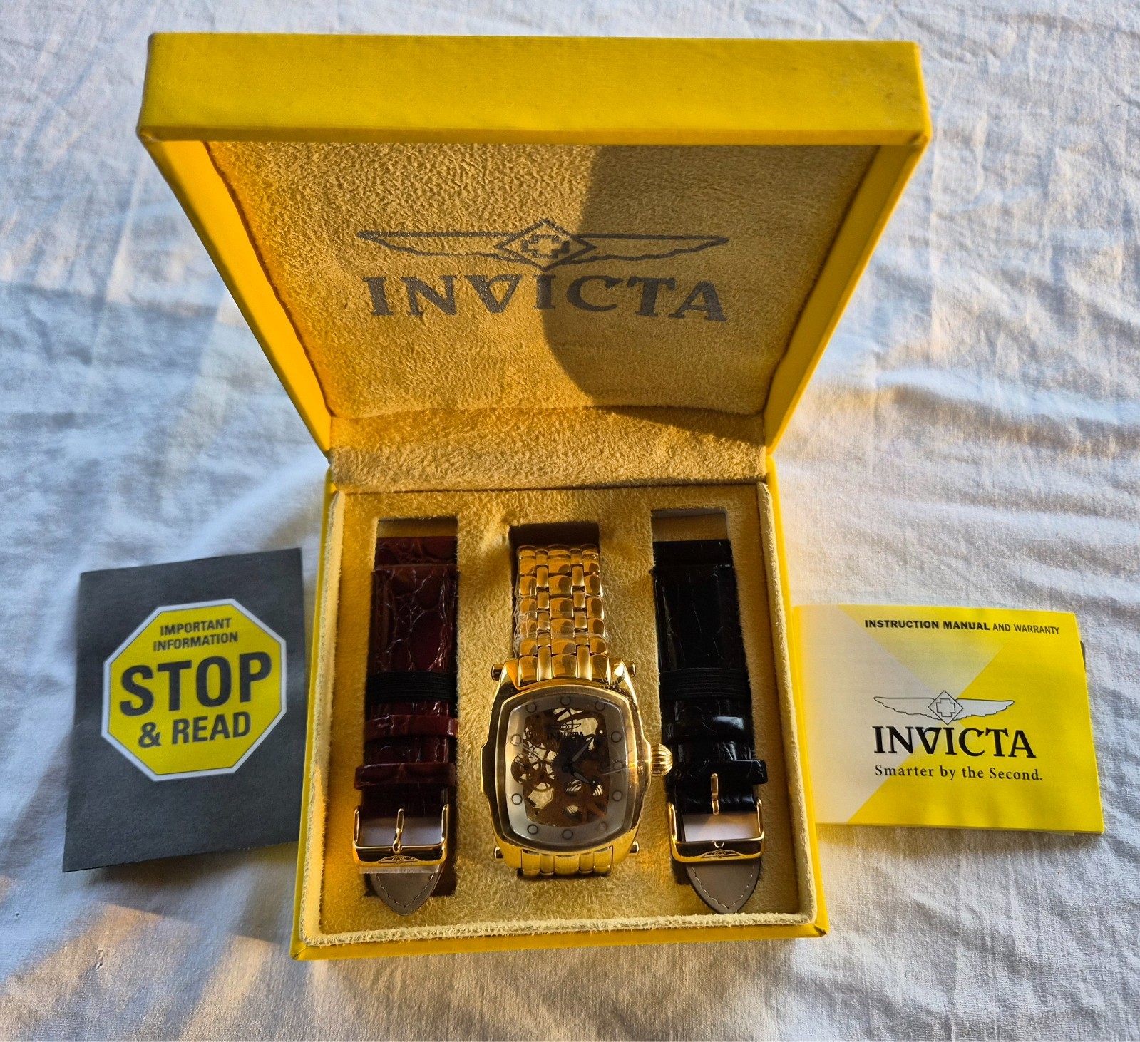 Invicta Lupah 1253 Mechanical Skeleton Gold Men’s Watch Box Manual Extra Bands