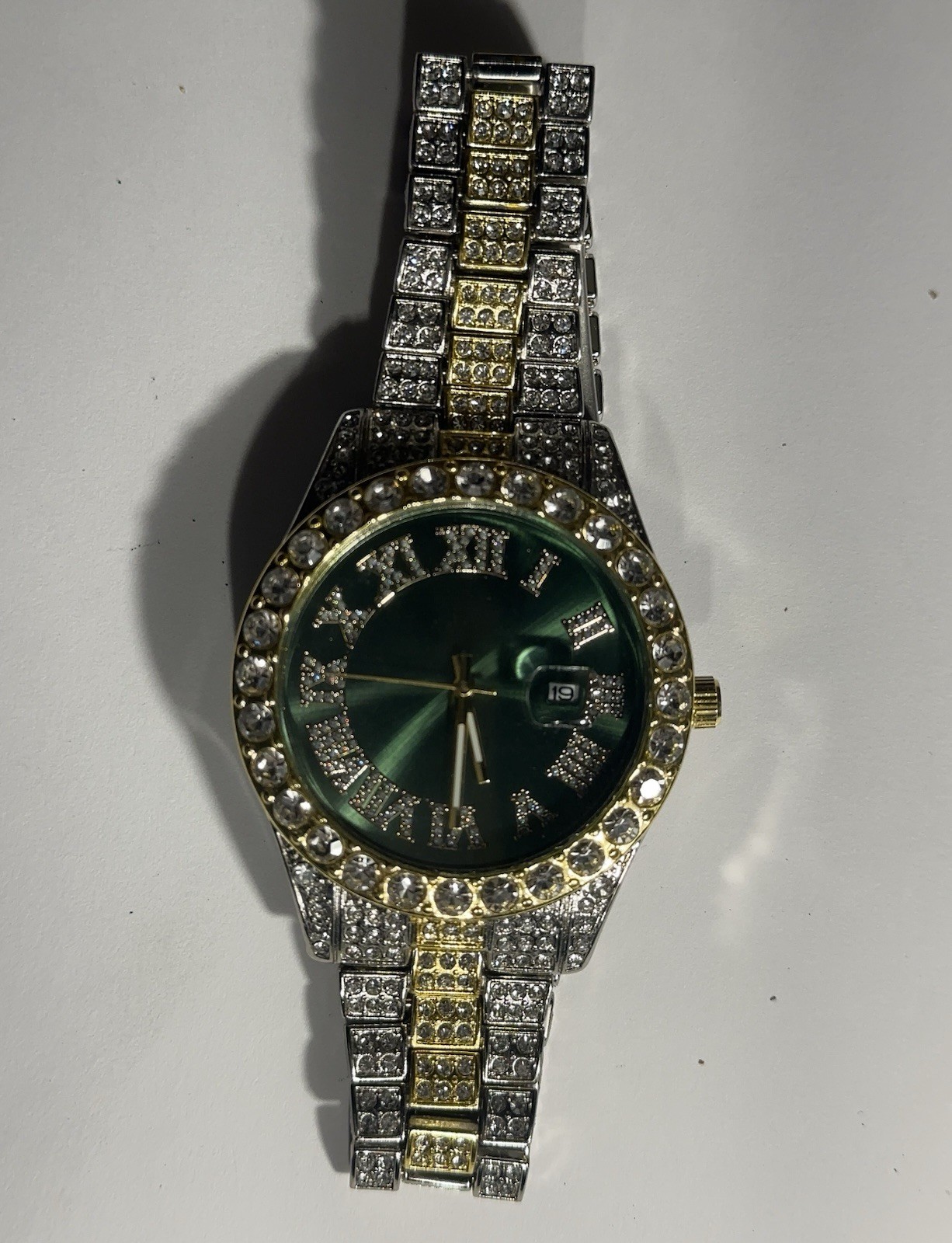 Unisex Gold and Green Stainless Steel Jeweled Watch One Size Roman Numerals