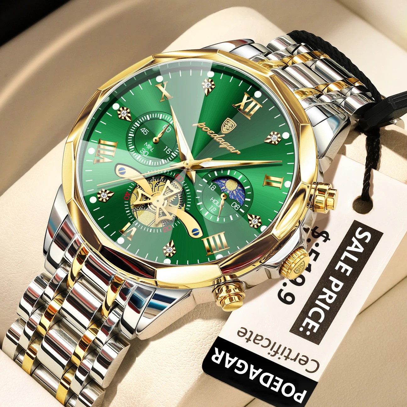 POEDAGAR Mens Quartz Watch Stainless Steel Waterproof Luminous Chronograph