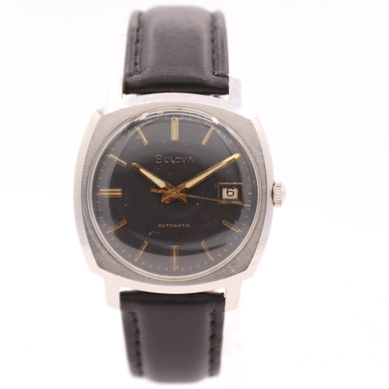 Vintage 33.5mm 1971 Bulova Black Dial Automatic Wristwatch 11BLACD Swiss Steel