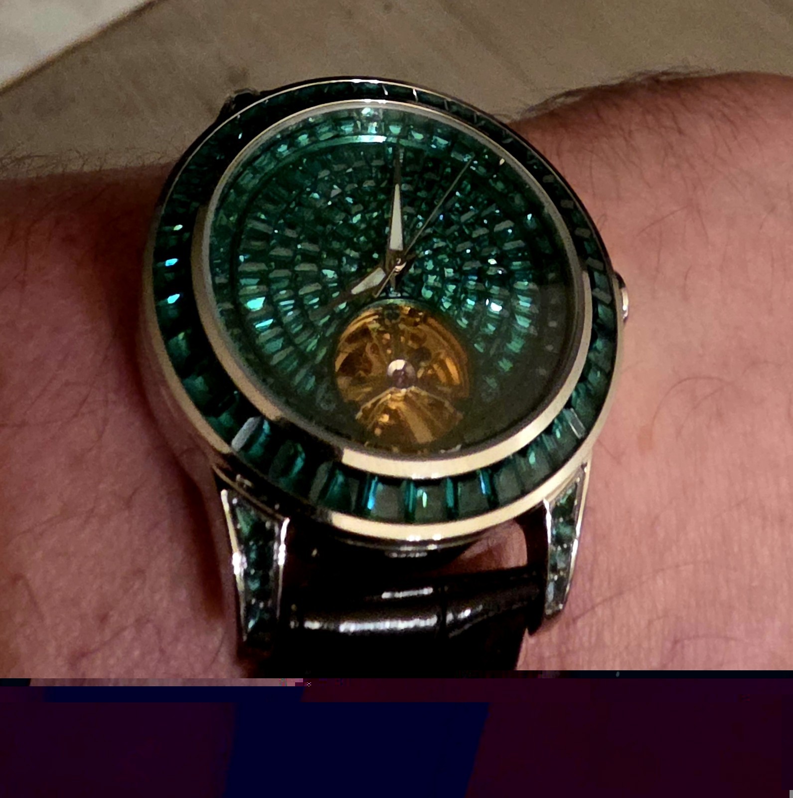 PINDU Men’s Automatic Watch Mineral Glass Green Black Leather