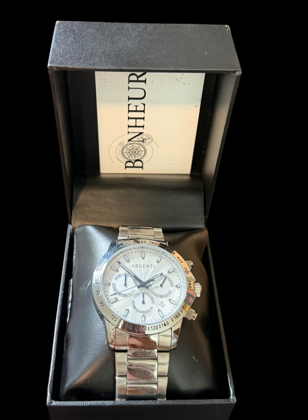 Argenti Men’s Chronograph Silver-Tone Stainless Steel Watch White Dial New Box