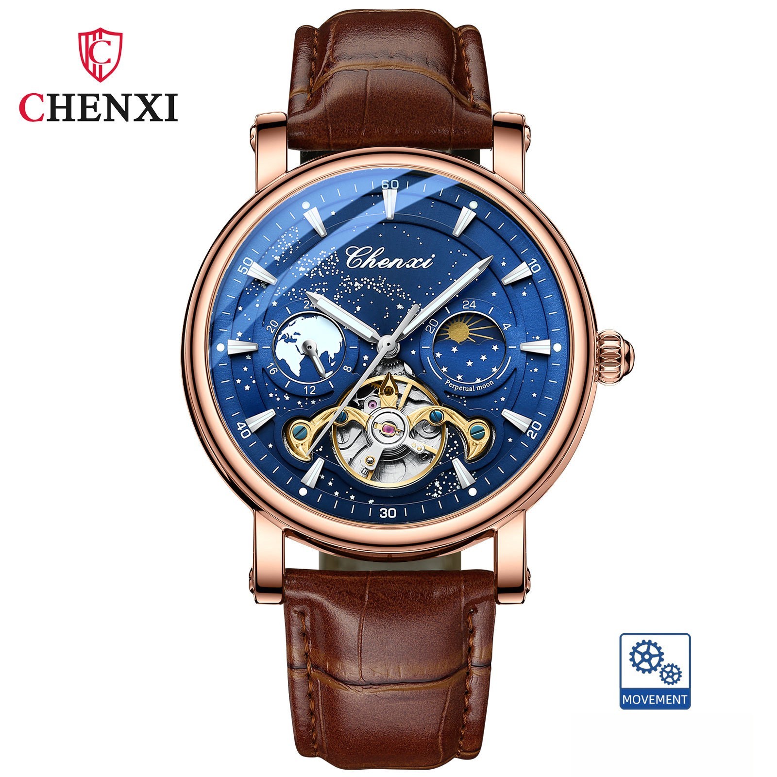 CHENXI Men Luxury Leather Moon Phase Tourbillon Automatic Mechanical Wristwatch