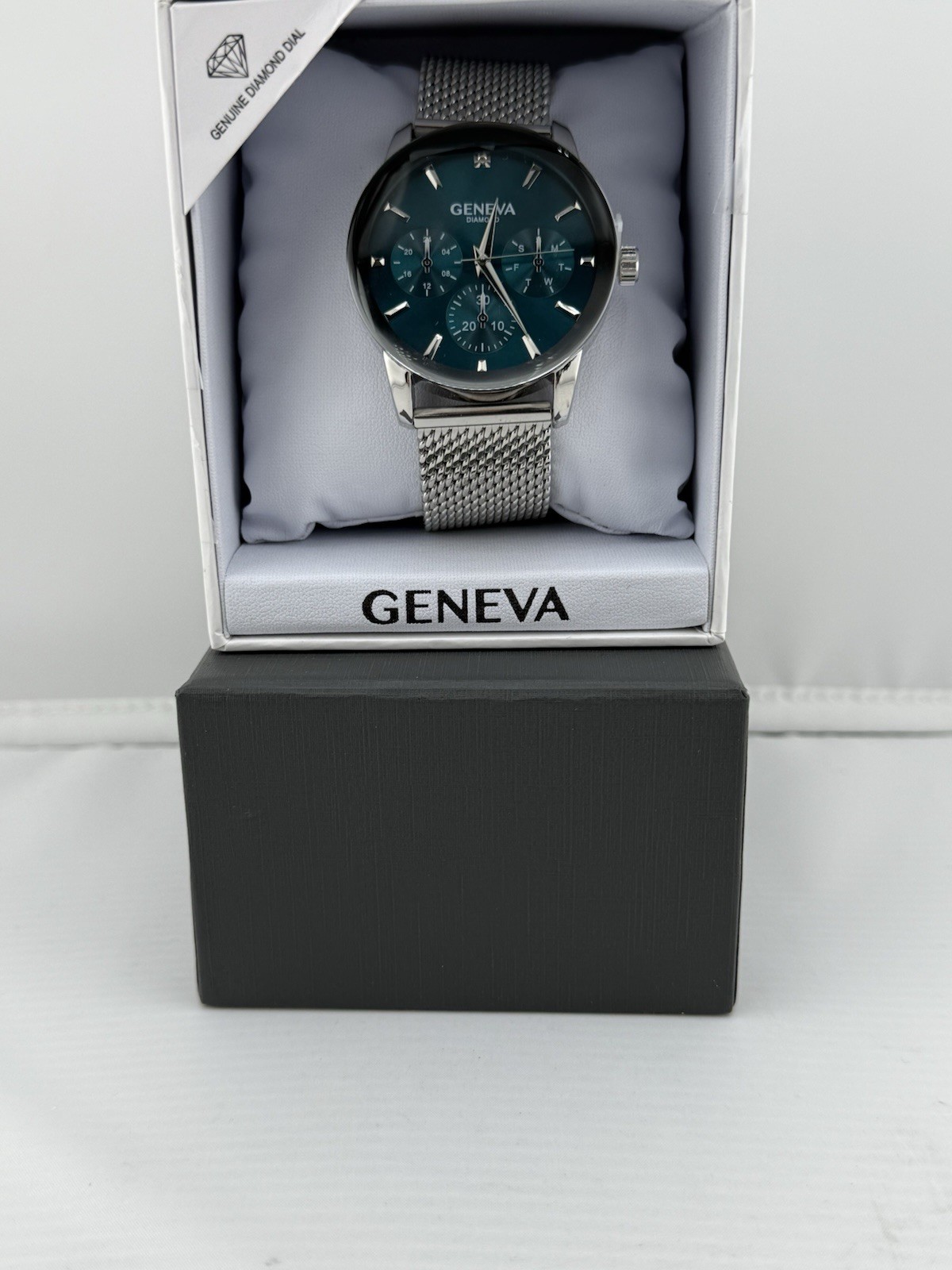 Geneva 42 Mm Silver Tone Diamond Accent Mesh Watch, Men’s, Teal Dial face- New!