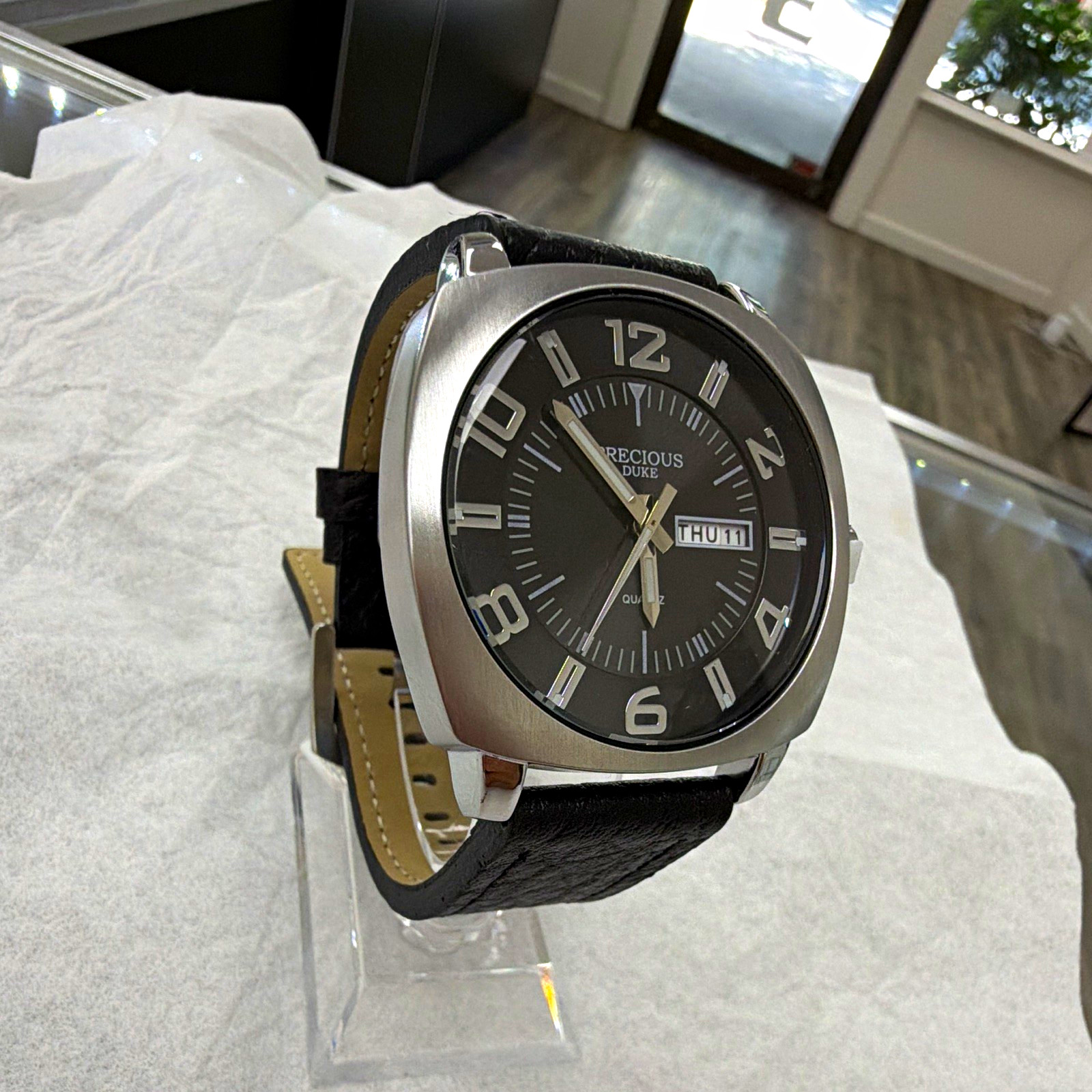 Precious Duke Men’s Quartz Analog Watch Black Dial Day/Date Leather Strap