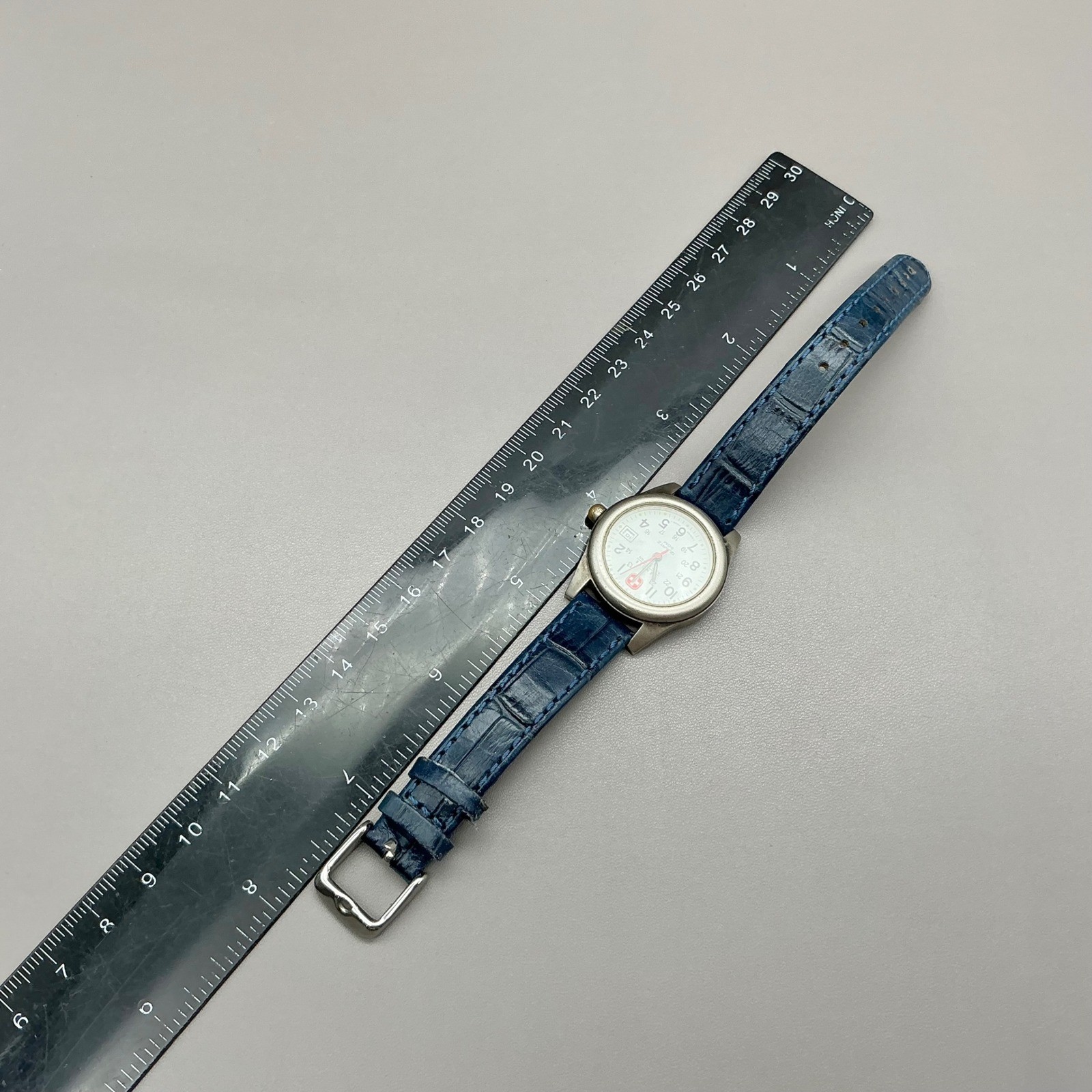 Wenger Watch Womens Silver Tone Blue Leather Band Military Style Date 8.25 In