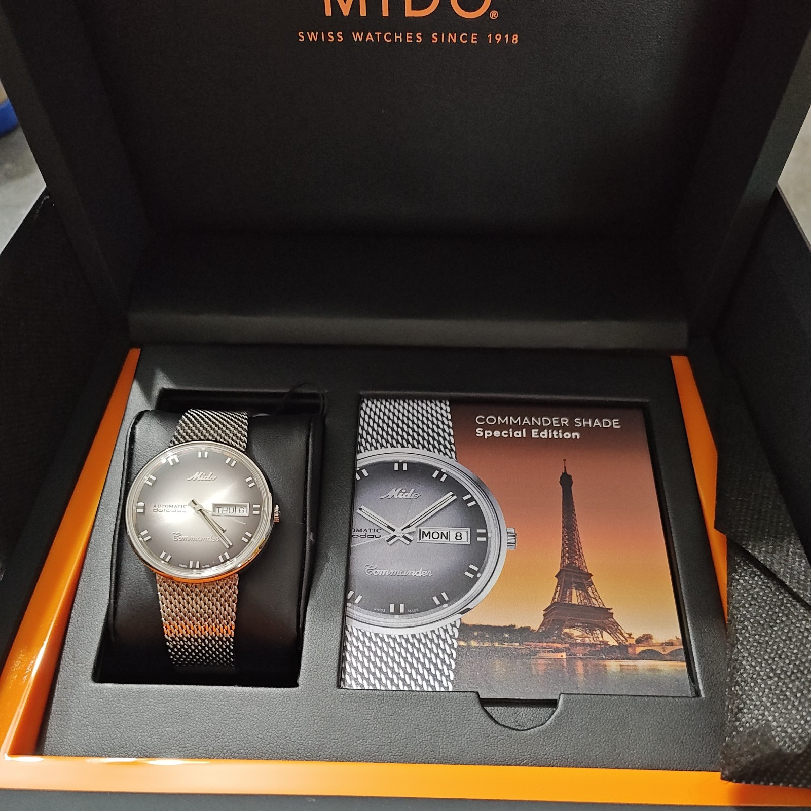Mido Commander Shade Automatic Day/Date Gray Dial silver Mesh Bracelet Box