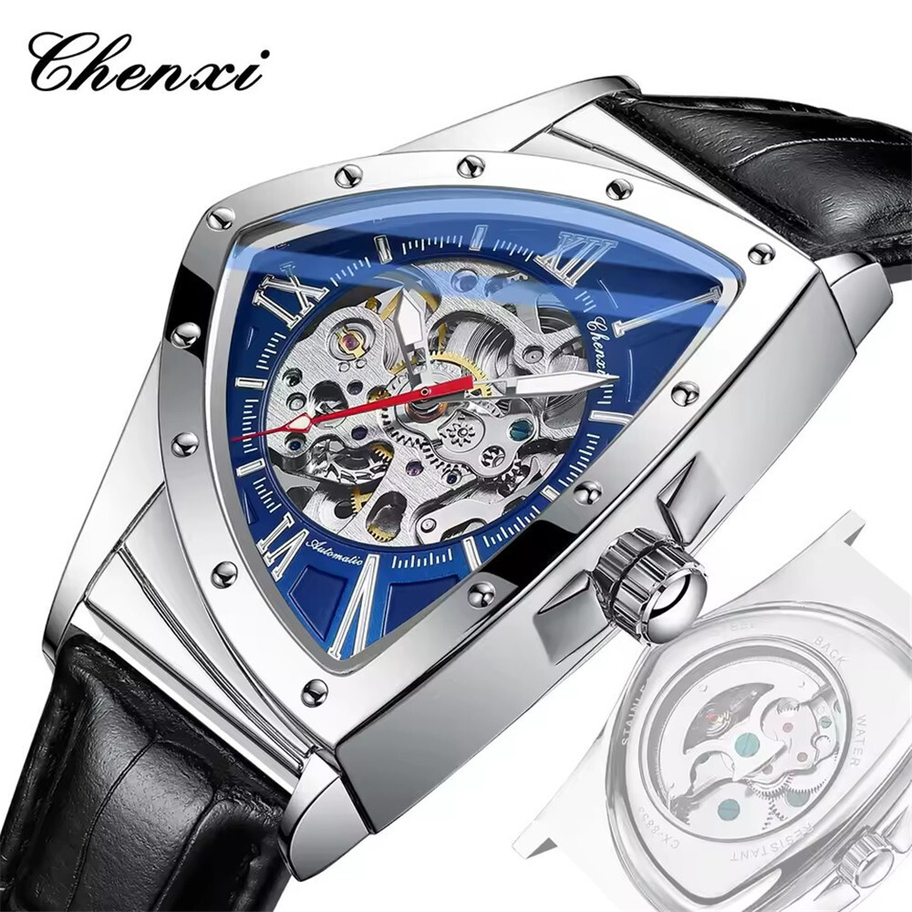 CHENXI Men Automatic Watch Triangle Leather Mechanical Watch for Male Wristwatch