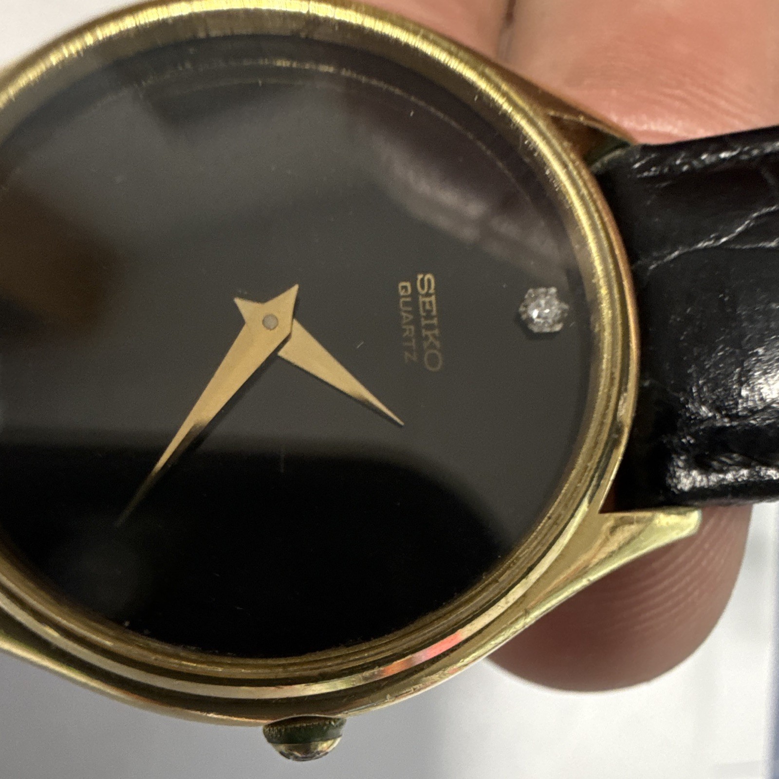 Seiko Quartz Vintage Dress Watch Black Dial Gold Case Black Leather Strap 26mm