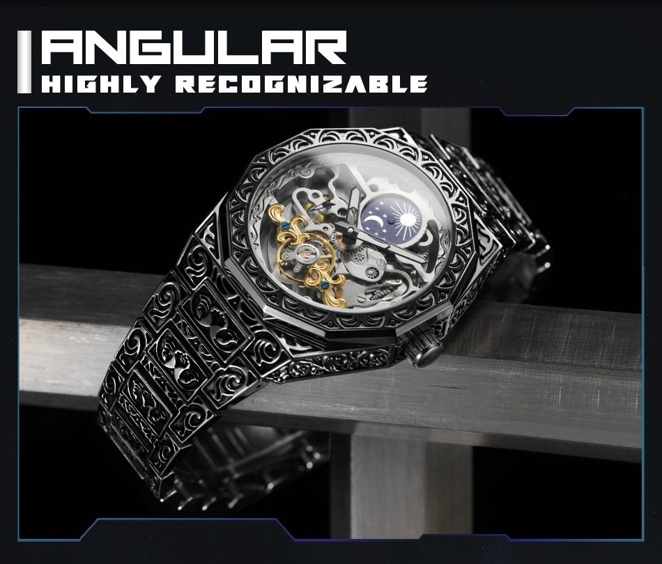 Forsining Skeleton Carved Tourbillon Mechanical Moon Dial Mens Watch waterproof