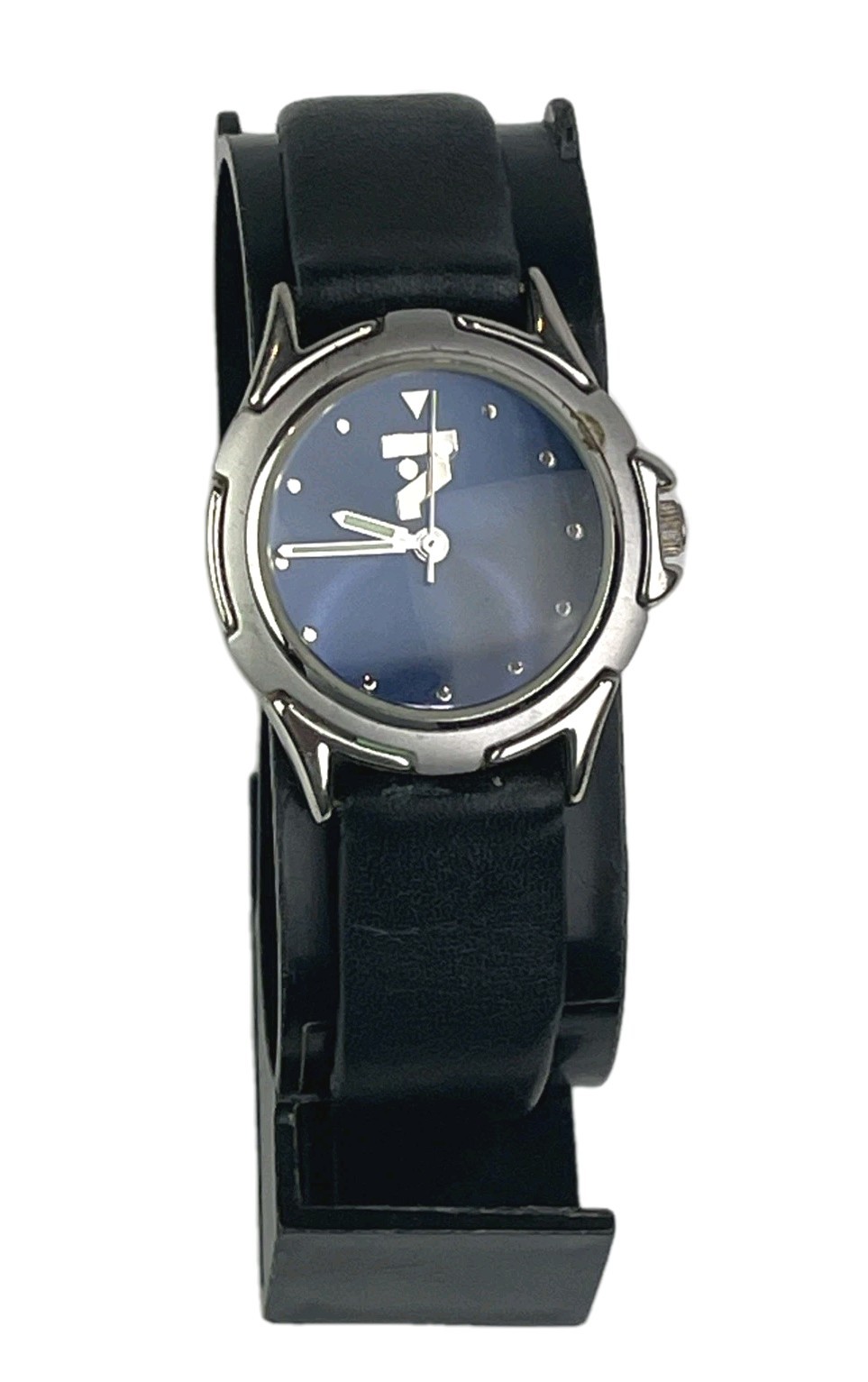SWEDA Women’s Watch 29mm Silver Tone Navy Dial Black Leather NEW Battery Running