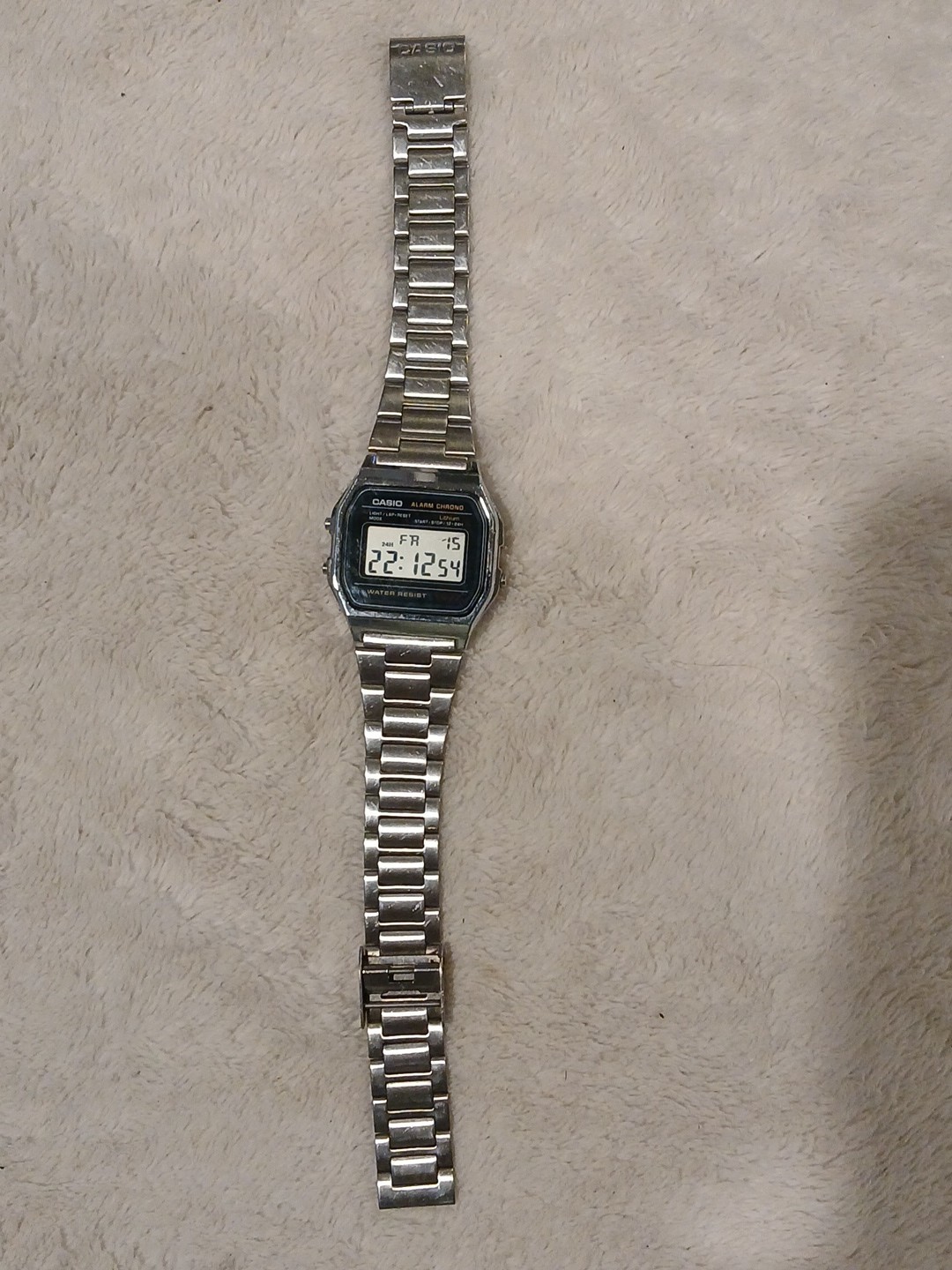 Casio 593 A158 Vintage Watch Stainless Steel Band Black Trim Face Alarm Works