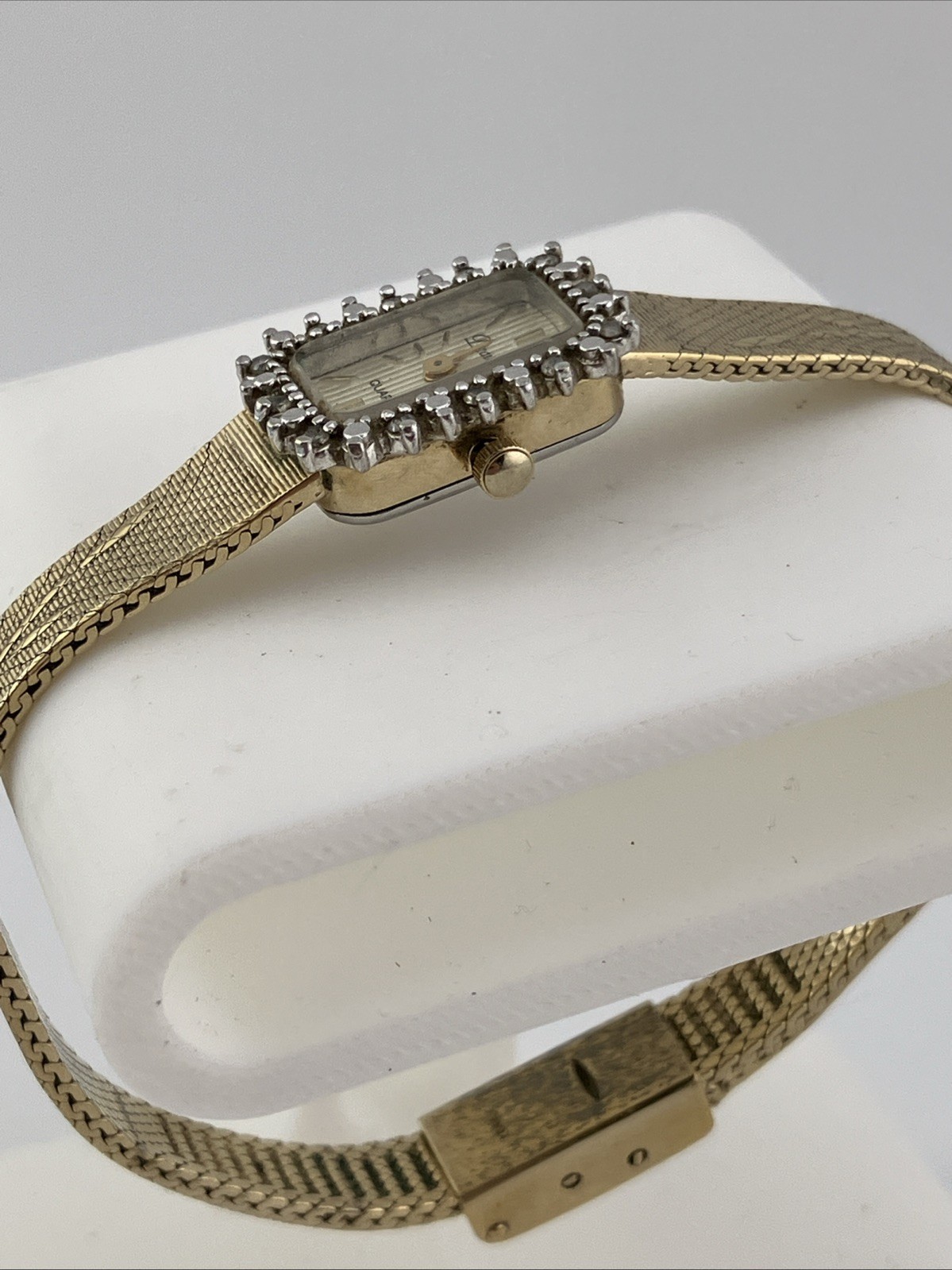 Vtg Deauville Ladies 13mm Watch Gold Tone Tank Diamond Bezel Adjustable -RUNS