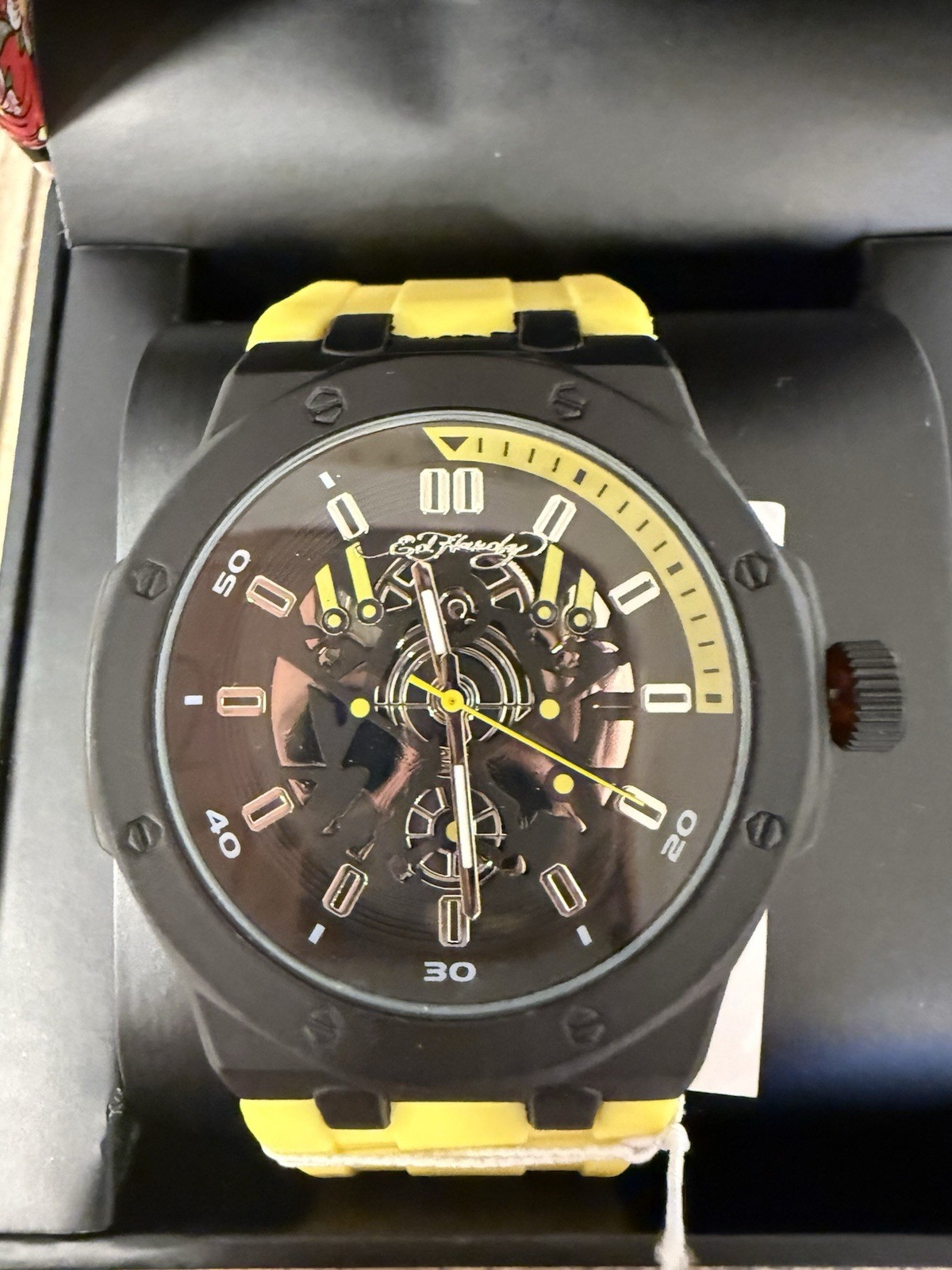 Ed Hardy Quartz Black/Yellow Skeleton Dial Yellow Silicone Strap w/ Box