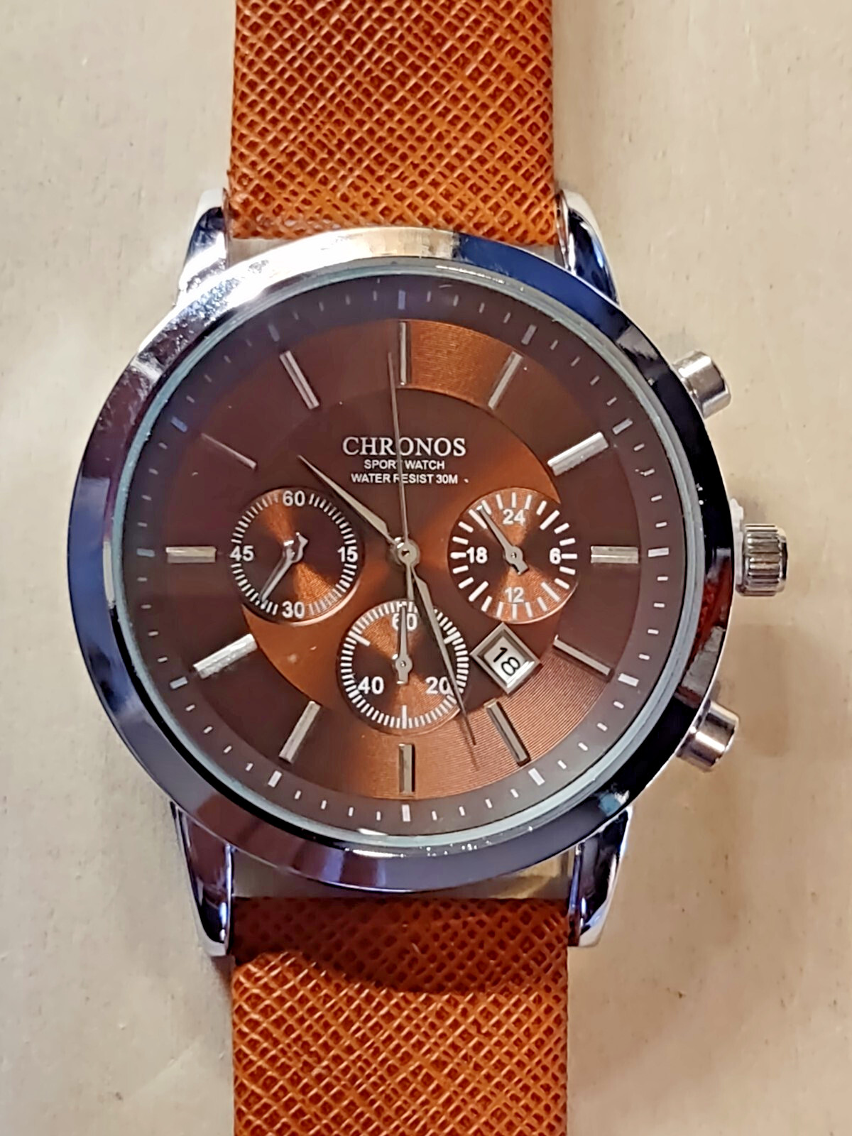 New CHRONOS Men’s Sport Watch, orange Leather Band, Quartz/Analog, NEW BATTERY