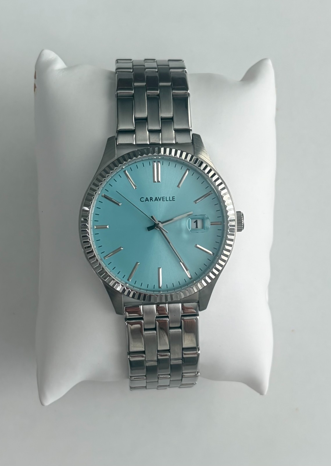 Caravelle by Bulova Dress Silver Tone Light Blue Dial Mens Watch 43B174