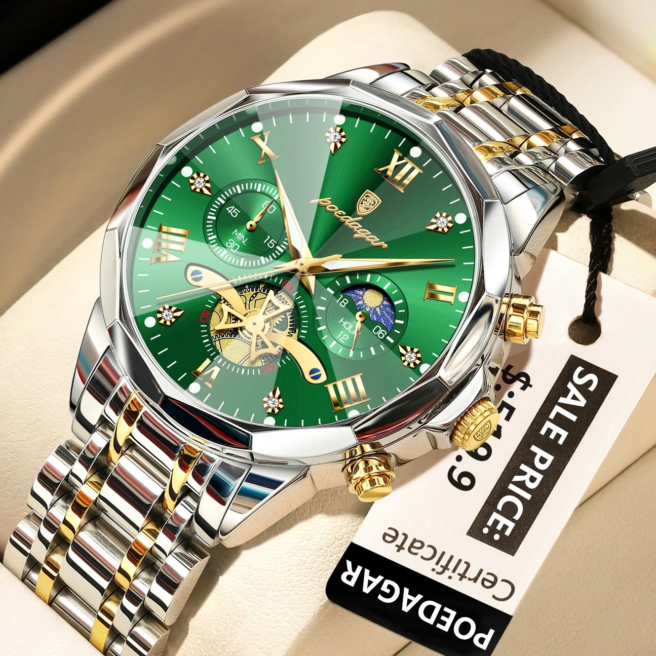 POEDAGAR Mens Quartz Watch Stainless Steel Waterproof Luminous Chronograph