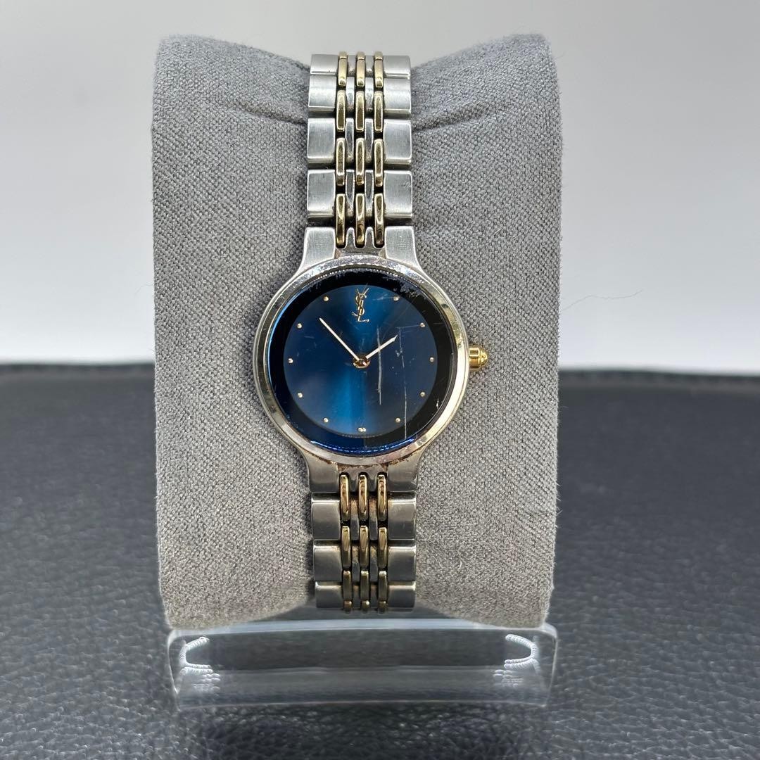 Yves Saint Laurent Blue Grass Y-cut Watch Silver Blue Gold Used Vintage