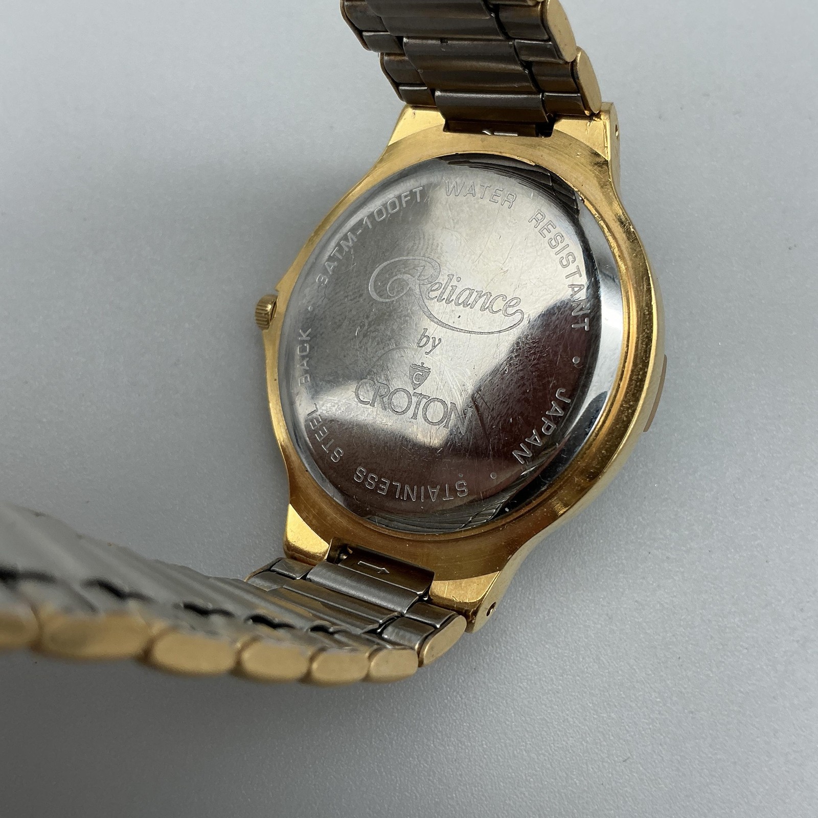 Croton Mens Watch 35mm Gold Tone Reliance Paychex Logo Date New Battery 7.25″
