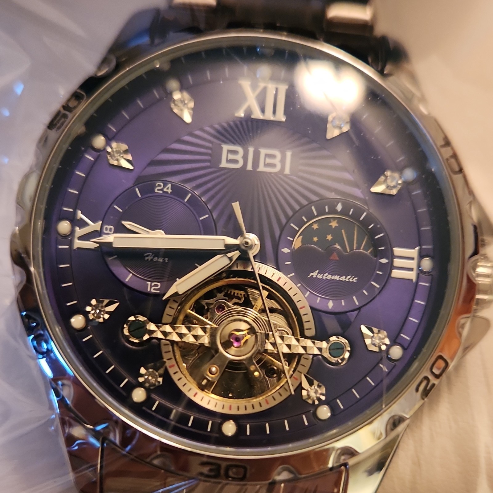 BIBI Luxury Automatic Watch Purple Sunburst Dial SS Bracelet Box/Manual