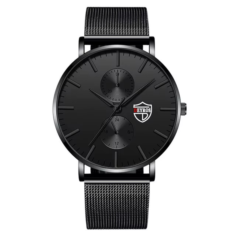 Men’s Luxury Ultra-Thin Quartz Watch with Black Stainless Steel Mesh Band