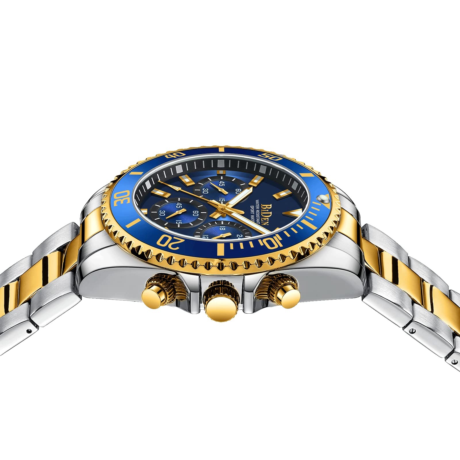 BIDEN Mens Watches Chronograph Gold Blue Stainless Steel Waterproof Date Anal…