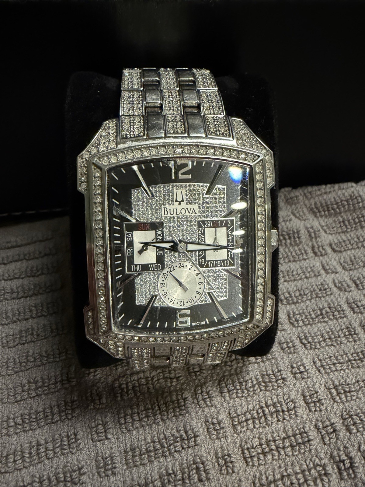 Men’s Bulova Crystal Accent Watch with Rectangular Black Dial (Model: 96C108)