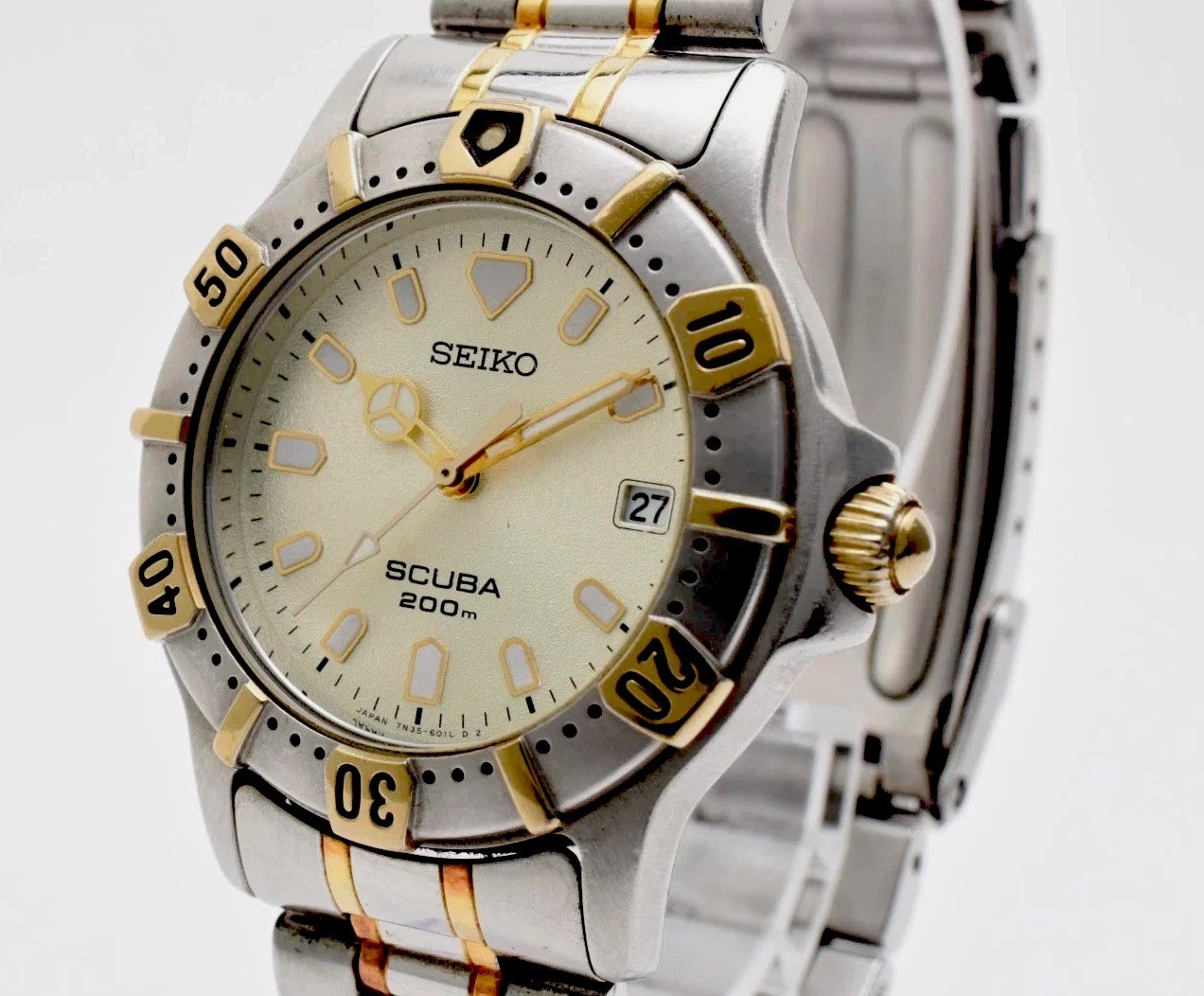 [Near MINT] Vintage SEIKO Scuba 7N35-6010 100M Quartz Two-Tone Men’s Watch JAPAN