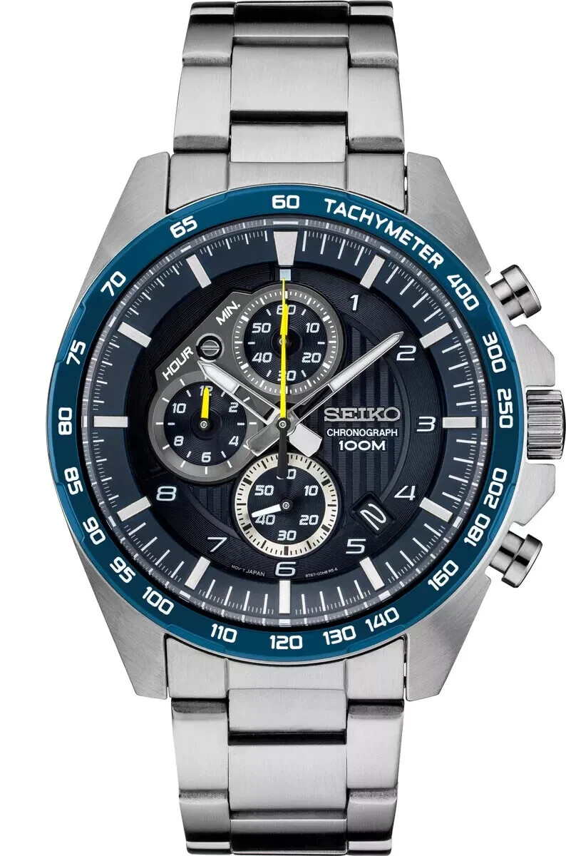 New Seiko Men’s Blue Dial Silver Tone Stainless Steel Chronograph Watch SSB321