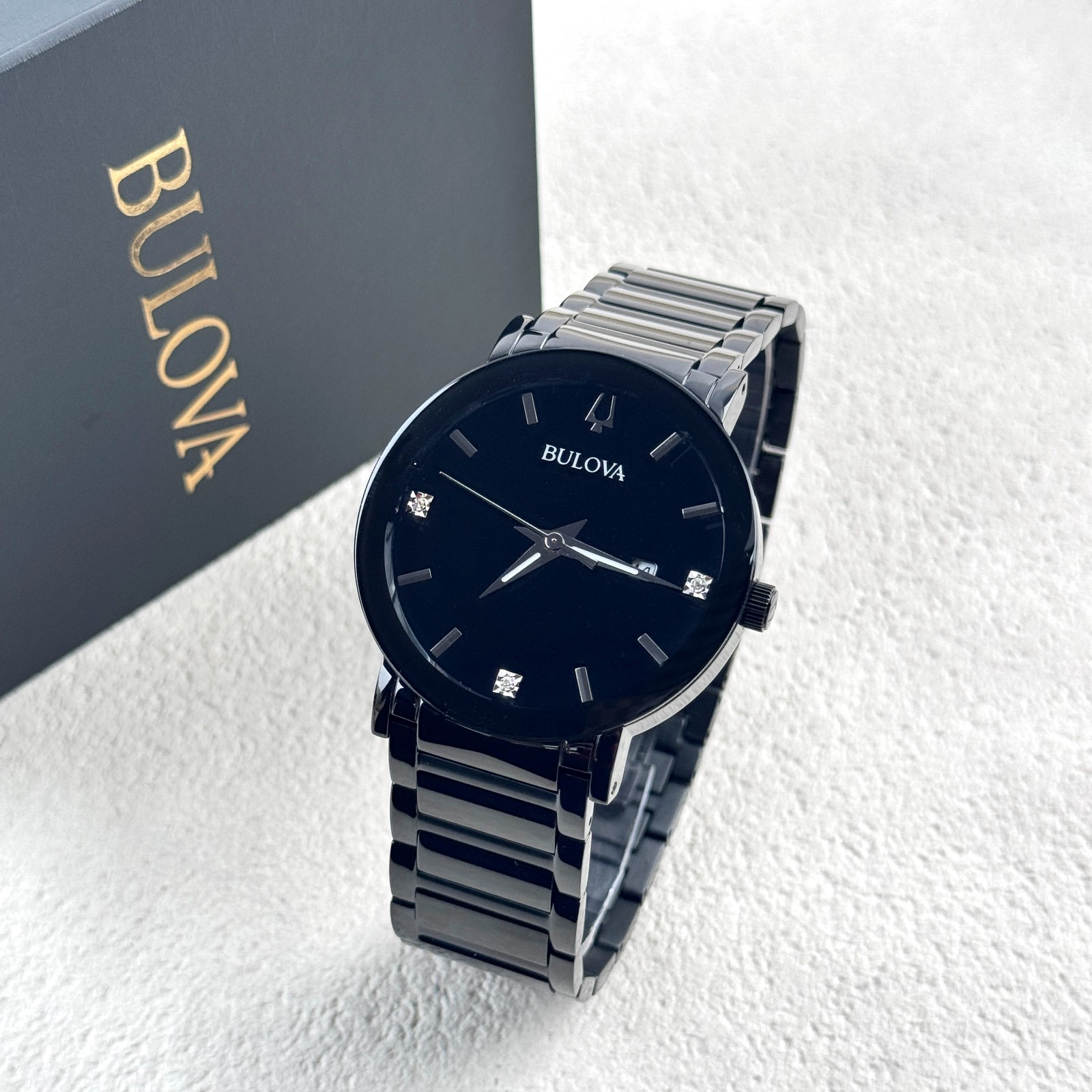 Bulova Men’s Modern Futuro Black Stainless Steel Quartz Calendar Watch 98D144