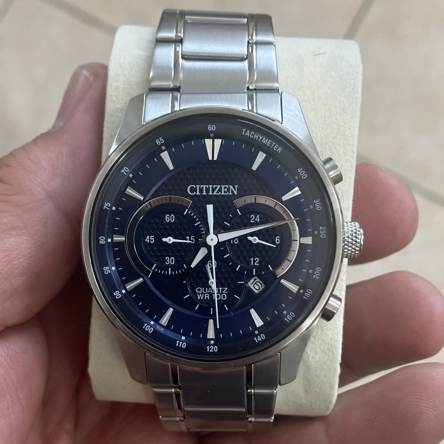 Citizen Men’s Quartz Chronograph Date Blue Dial Tachymeter SS Bracelet WR100
