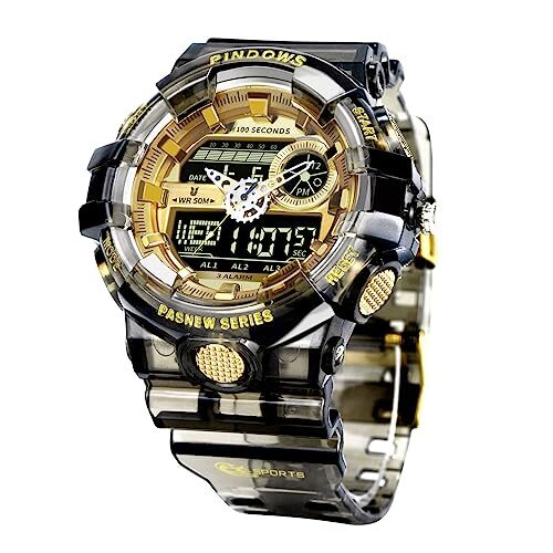 PINDOWS Analog Digital Wristwatch 50m Waterproof Date Multifunction Clear Black