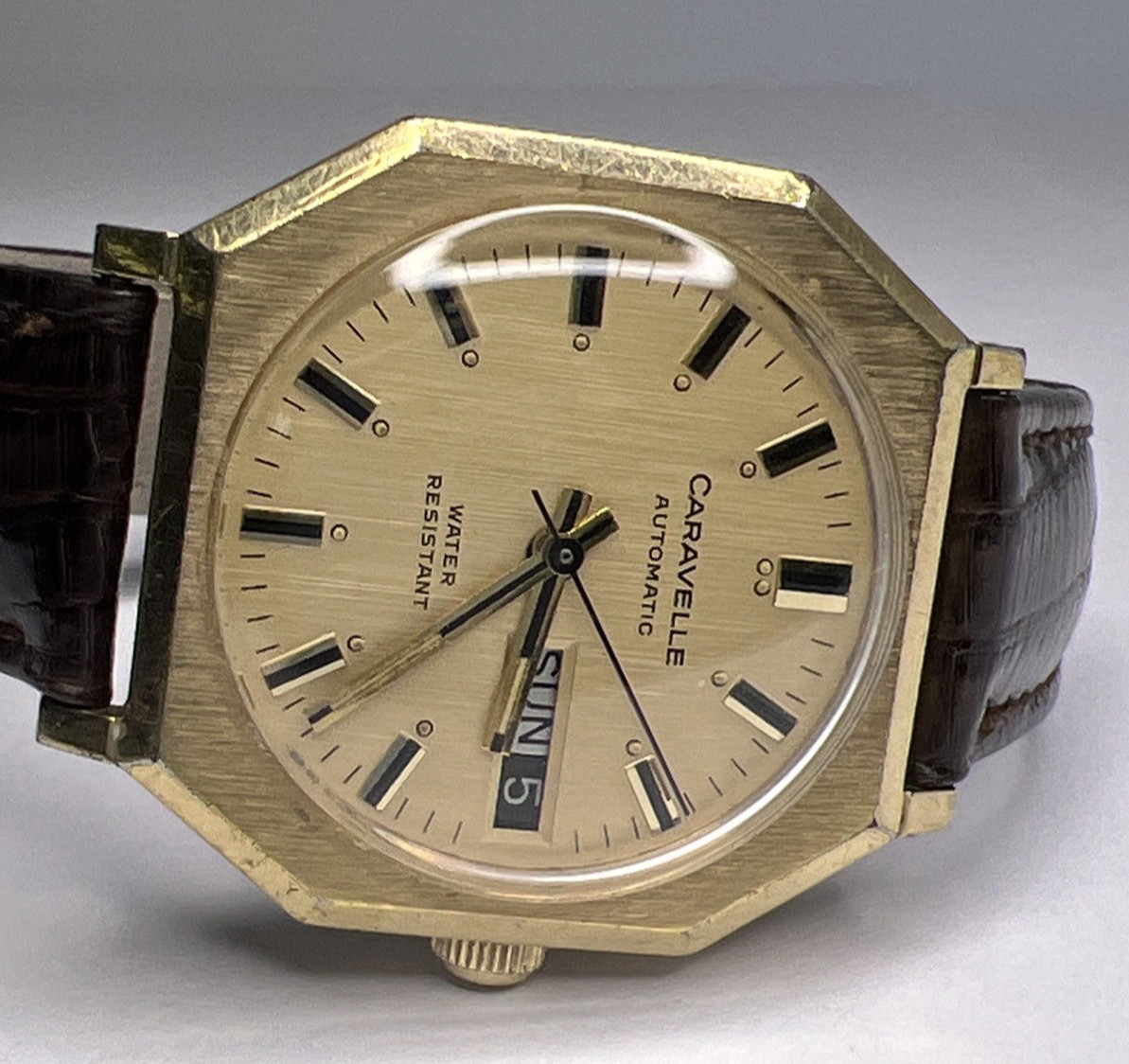 Caravelle Automatic Day Date Watch Octagonal Gold Plated 33.5mm Case Lizard Band