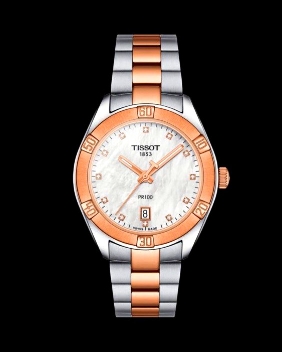 Tissot PR 100 Women’s Two-Tone MOP Dial Diamond Markers Quartz Date 36mm
