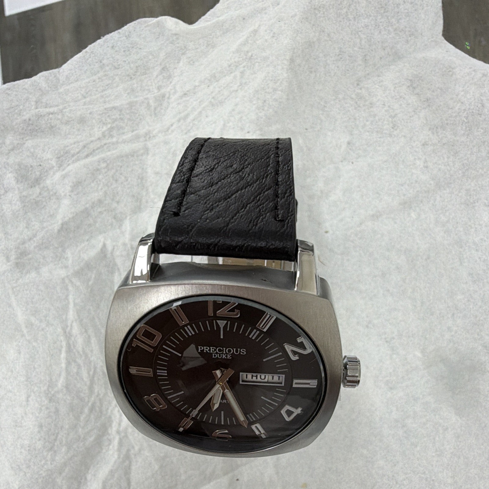 Precious Duke Men’s Quartz Analog Watch Black Dial Day/Date Leather Strap