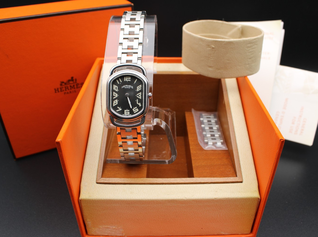 Hermès Rallye RA1.210 Ladies Quartz Gray Dial SS Watch Box Papers Complete Set