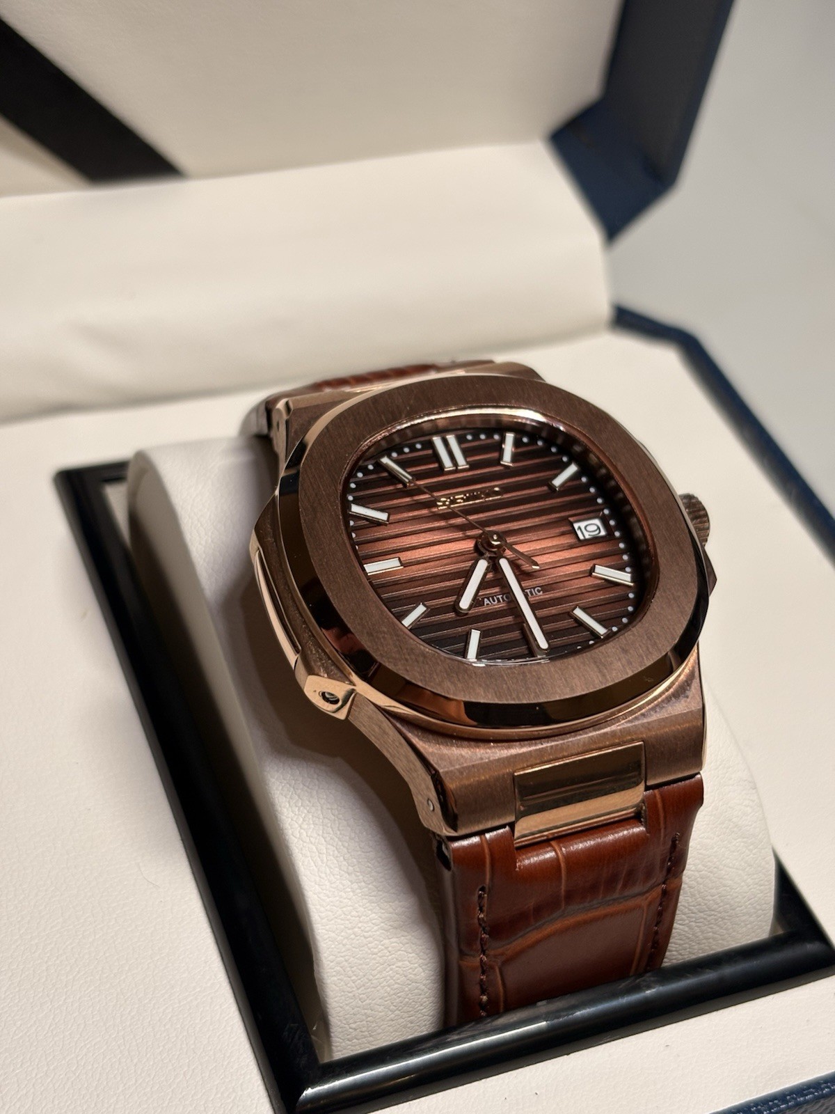 Brand New NH35 Automatic Mod Watch Chocolate Brown Dial Rose G Leather Bracelet