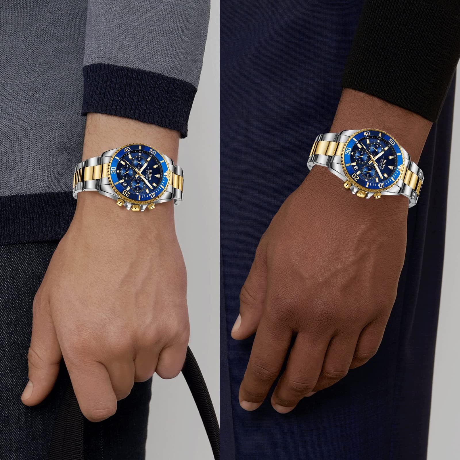 BIDEN Mens Watches Chronograph Gold Blue Stainless Steel Waterproof Date Anal…