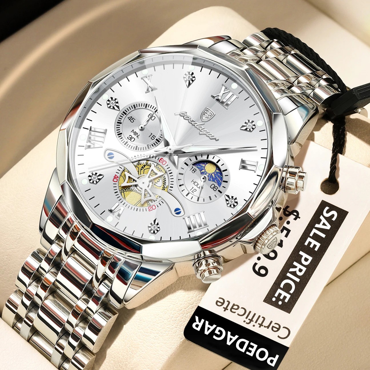 POEDAGAR Mens Quartz Watch Stainless Steel Waterproof Luminous Chronograph
