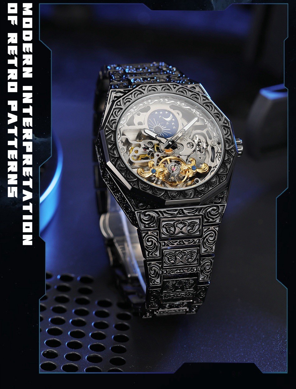Forsining Skeleton Carved Tourbillon Mechanical Moon Dial Mens Watch waterproof