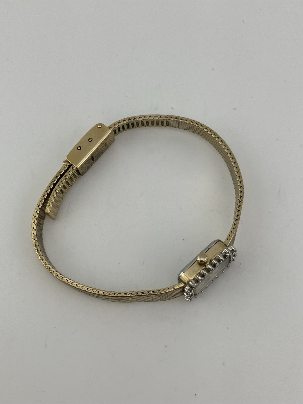 Vtg Deauville Ladies 13mm Watch Gold Tone Tank Diamond Bezel Adjustable -RUNS