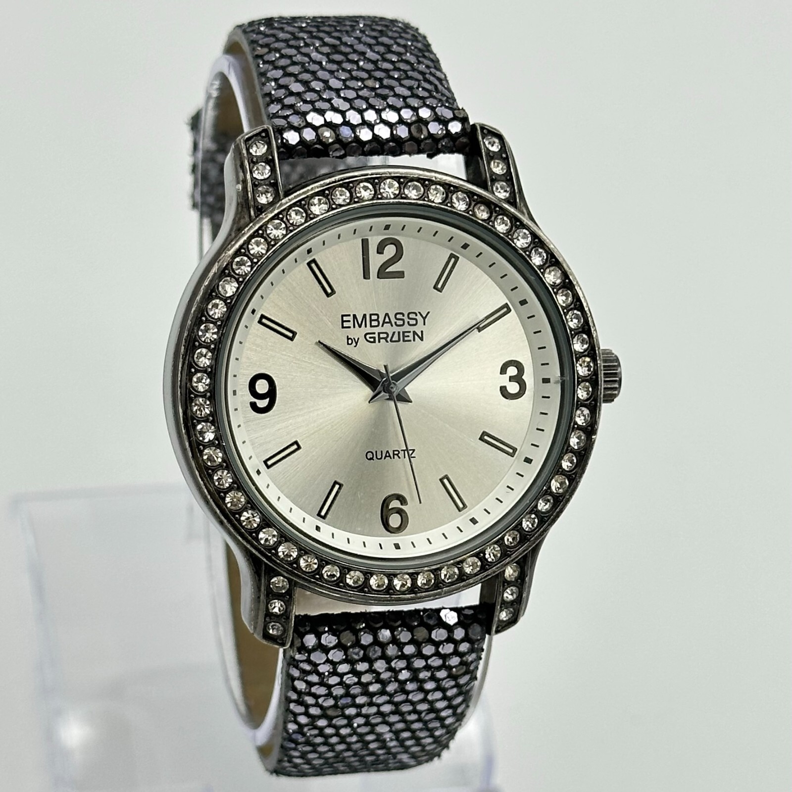 Ladies EMBASSY By Gruen GEM3543 Crystal Accent Silver & Gray Watch, Sparkly Band