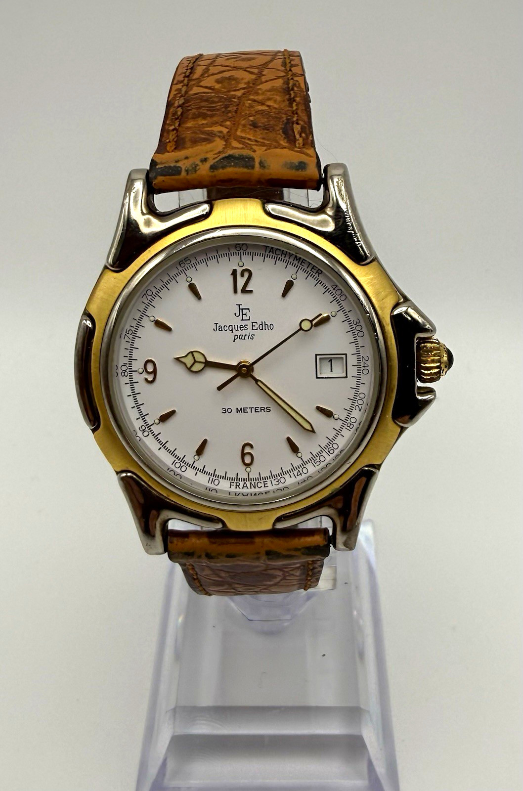 Jacques Edho Paris Quartz Two-Tone SS Tachymeter Date White Dial 30m Leather