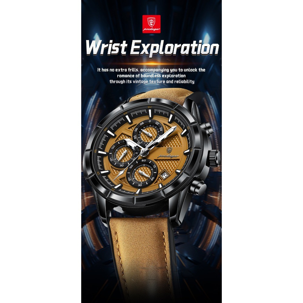POEDAGAR Fashion Quartz Waterproof Luminous Leather Date Sports Men’s Watch